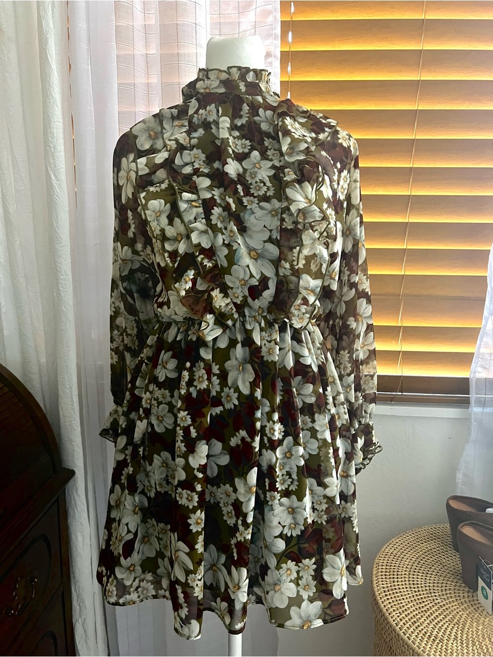 Zara Olive and White Floral Long Sleeve Ruffle Neck Dress/Romper